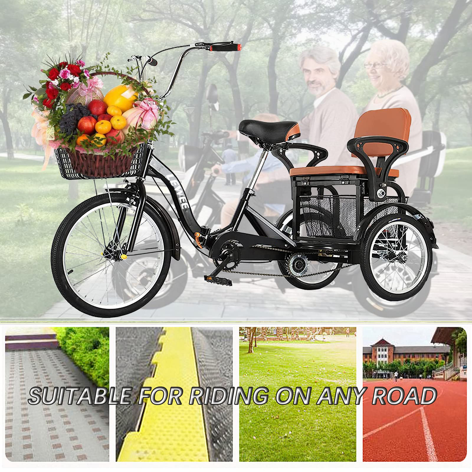 LEWEE New Tricycle 3 Wheel Bikes With Large Basket and Back Seat 21inch Three Wheels Cruise Bicycles for Parent-Child Recreation